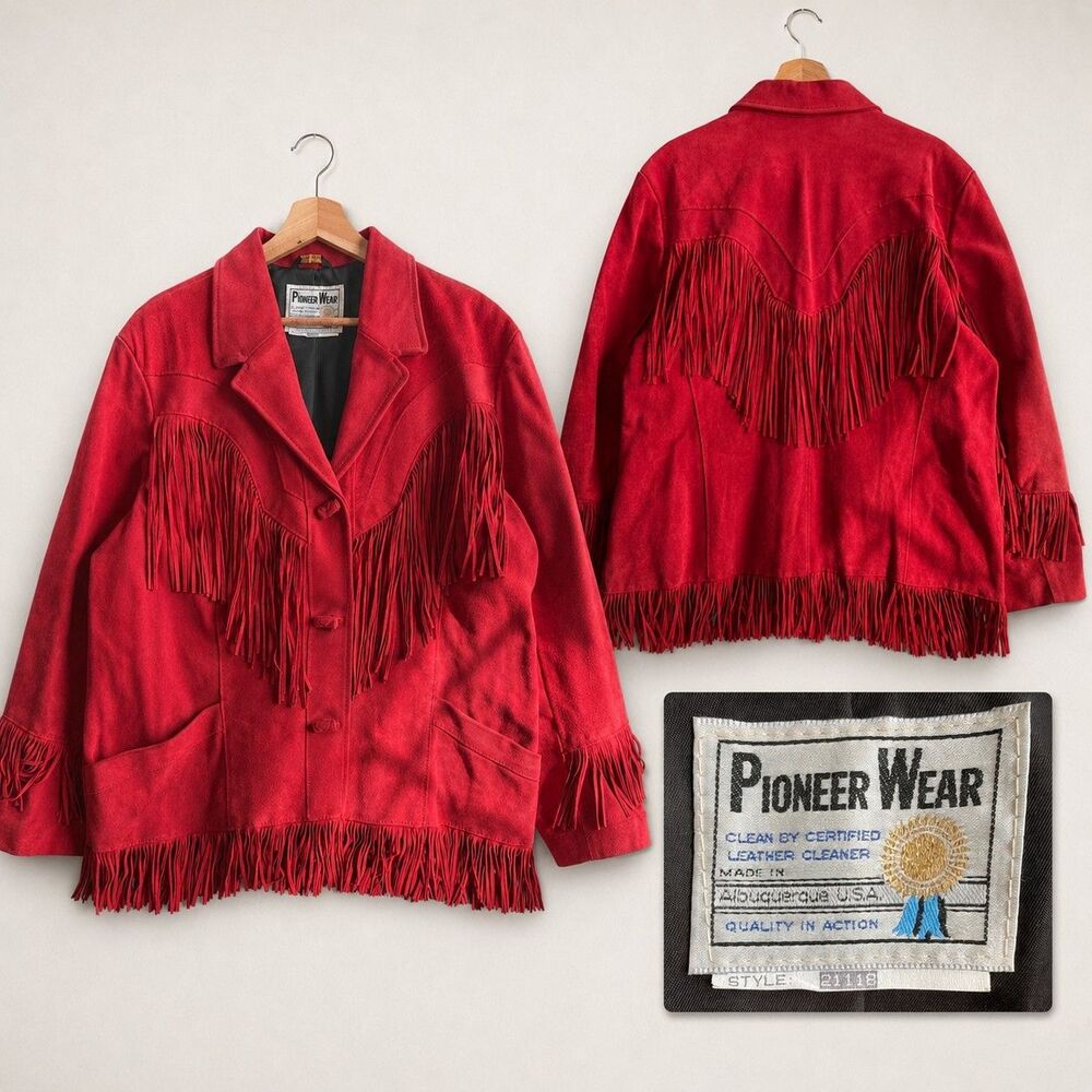 VTG Pioneer Wear Women’s XL Red Suede Fringe Jacket Western Leather Albuquerque